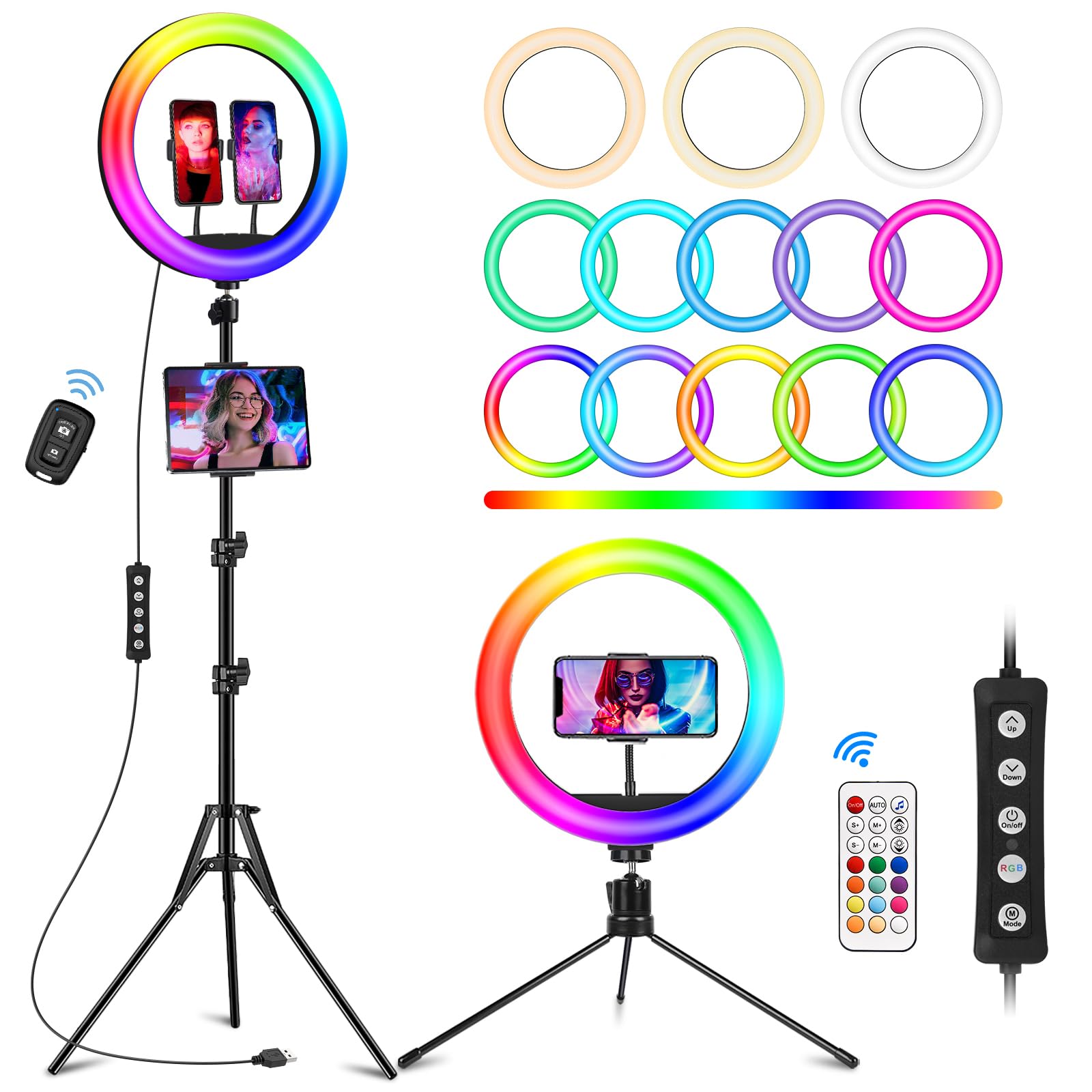 Stally 12.3'' Ring Light With Stand 75'' Tall And 2 Phone Holder, Ring Light Tripod For Iphone With 3 Cct Mode & 29 Color Modes,